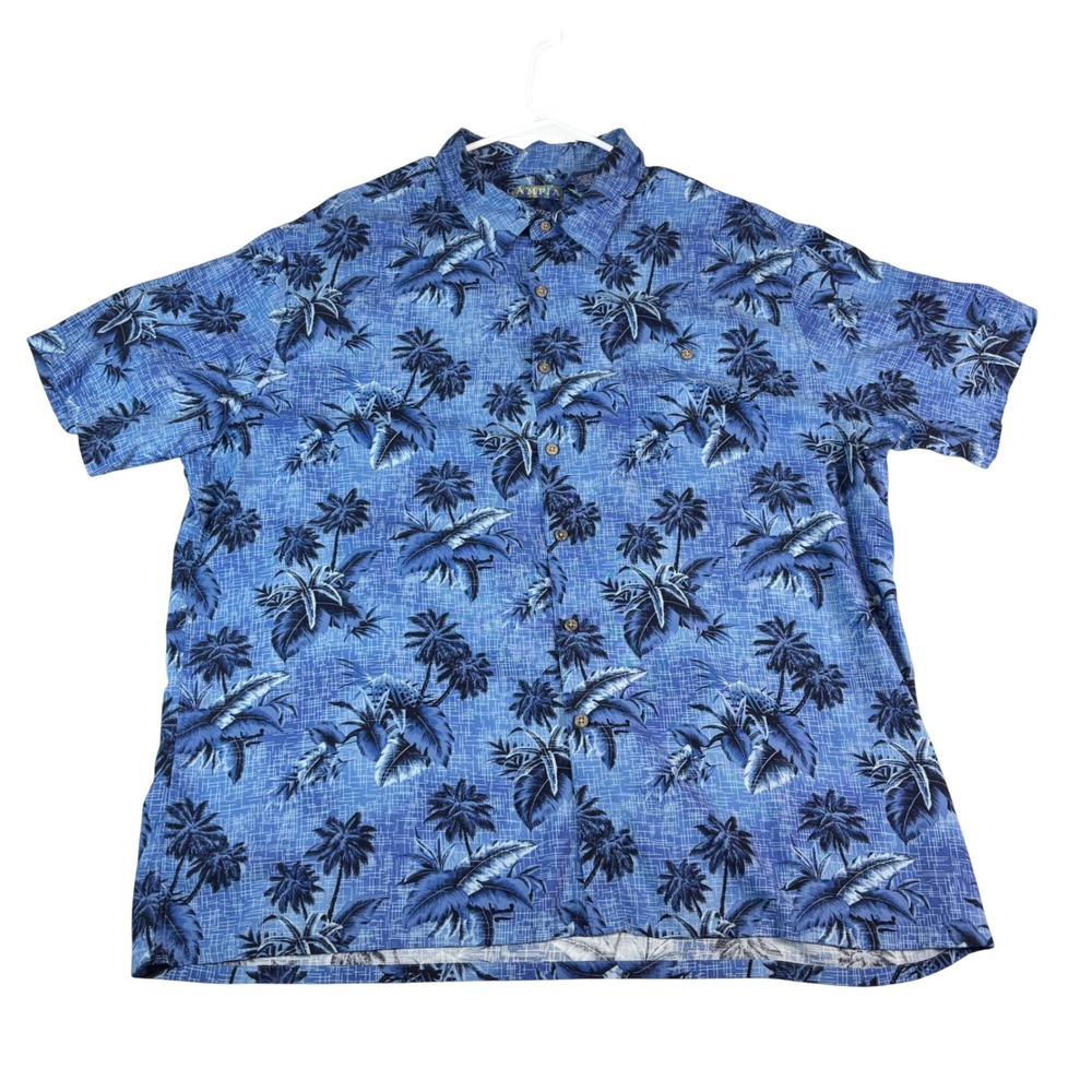 Campia Moda Mens XXL Blue Palm Tree Tropical Rayon Button Down Shirt Easy Care